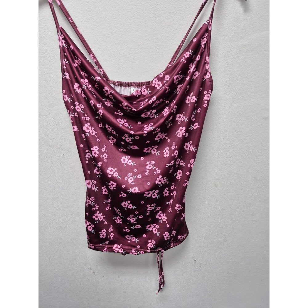 Vintage-Inspired Floral Cowl Neck Tank Top In Plum & Pink